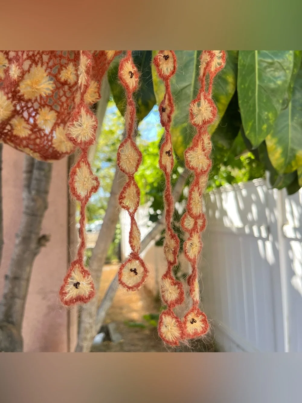Rust & Yellow Floral Crochet Scarf with Beaded Details & Fringe.